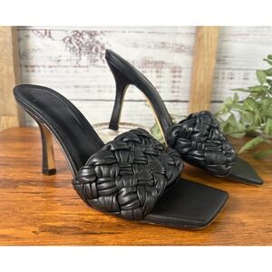 Marc Fisher LTD Drayo Black Braided Leather Square Toe Heel Mule Sandals Size 8M